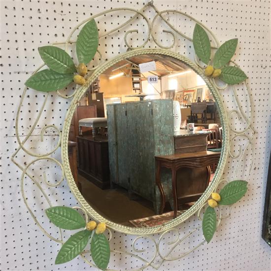 Painted circular metal mirror with floral design